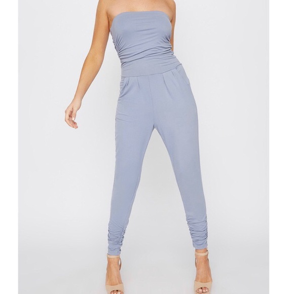 strapless ruched jumpsuit